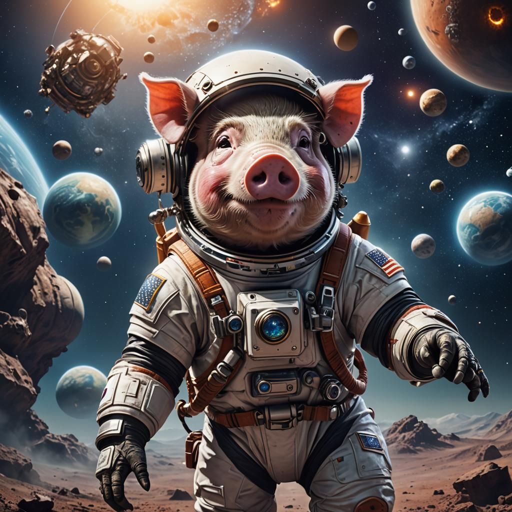 Pig Astronaut Among Celestial Bodies: Detailed Matte Paintin...
