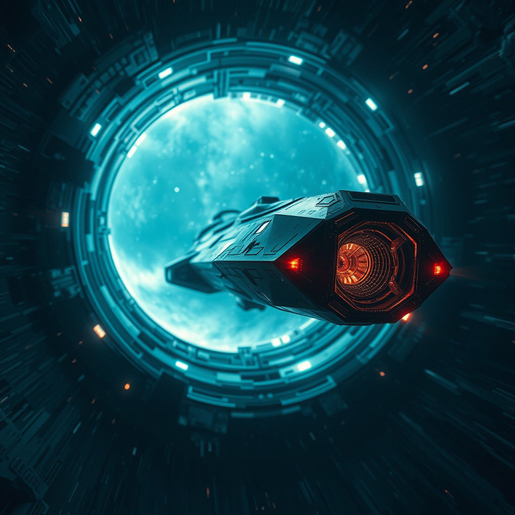 Spaceship's Hyperrealistic Journey Through a Stargate