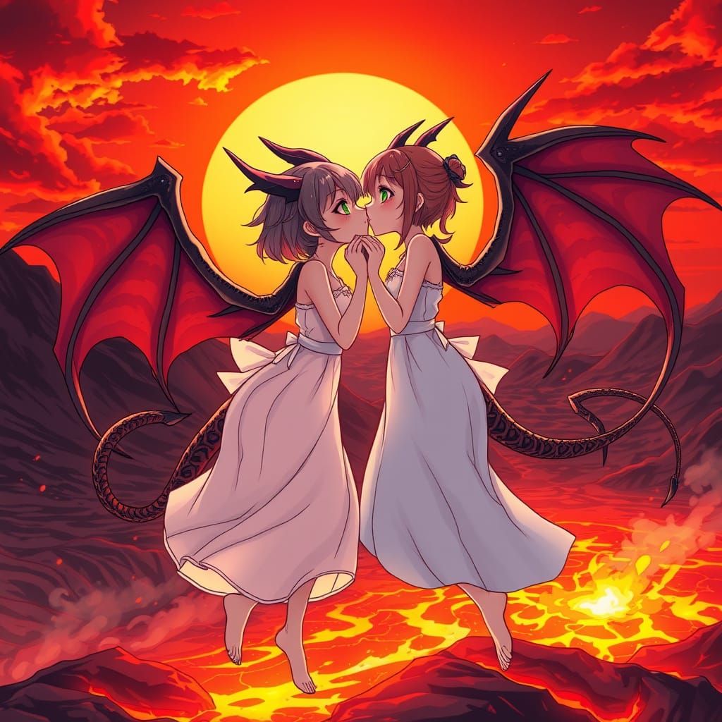 Two Gorgeous Women with Demon Wings Bask in Scarlet Sunset