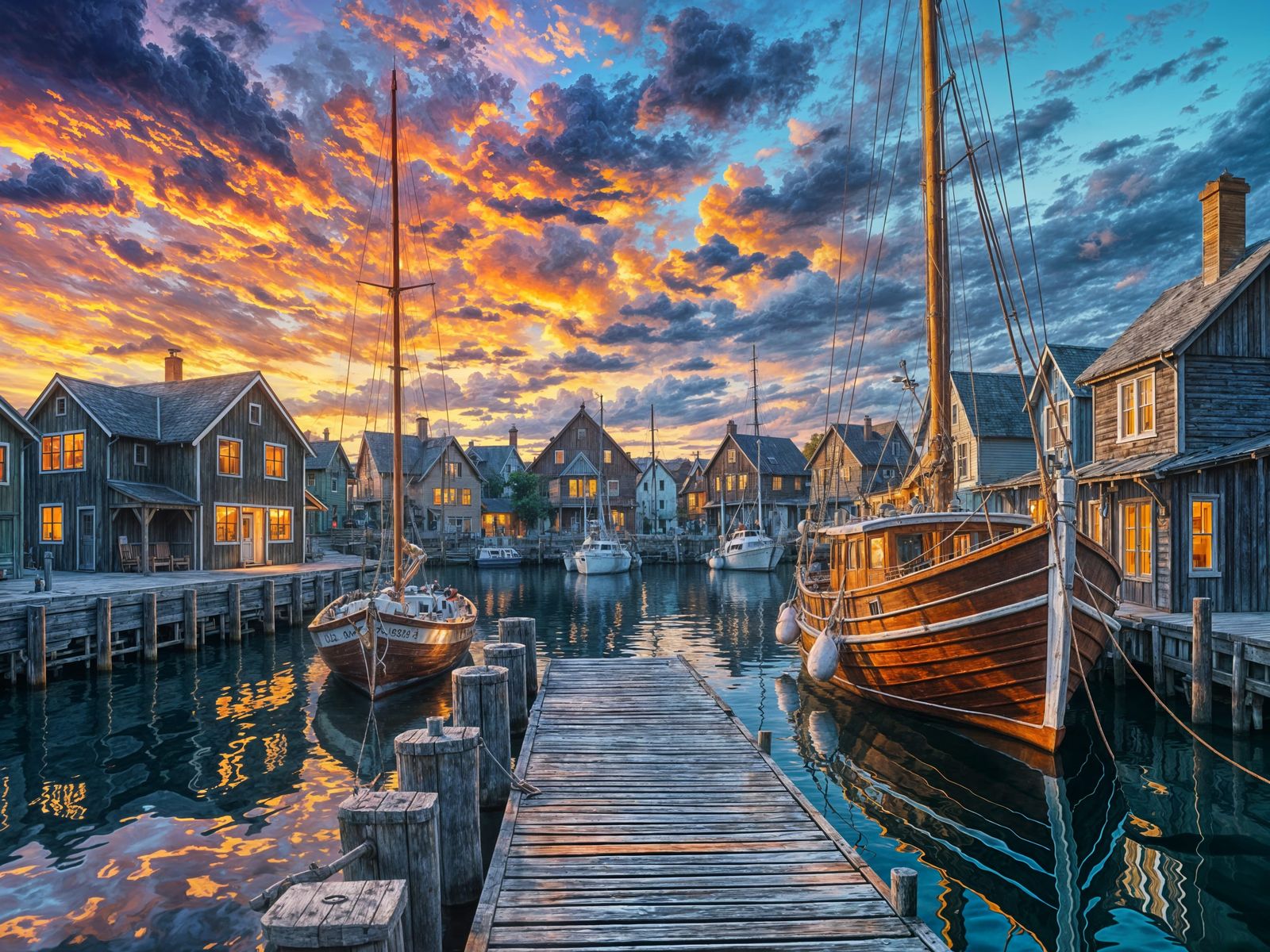 Vibrant Coastal Village at Sunset in Oil Painting Style