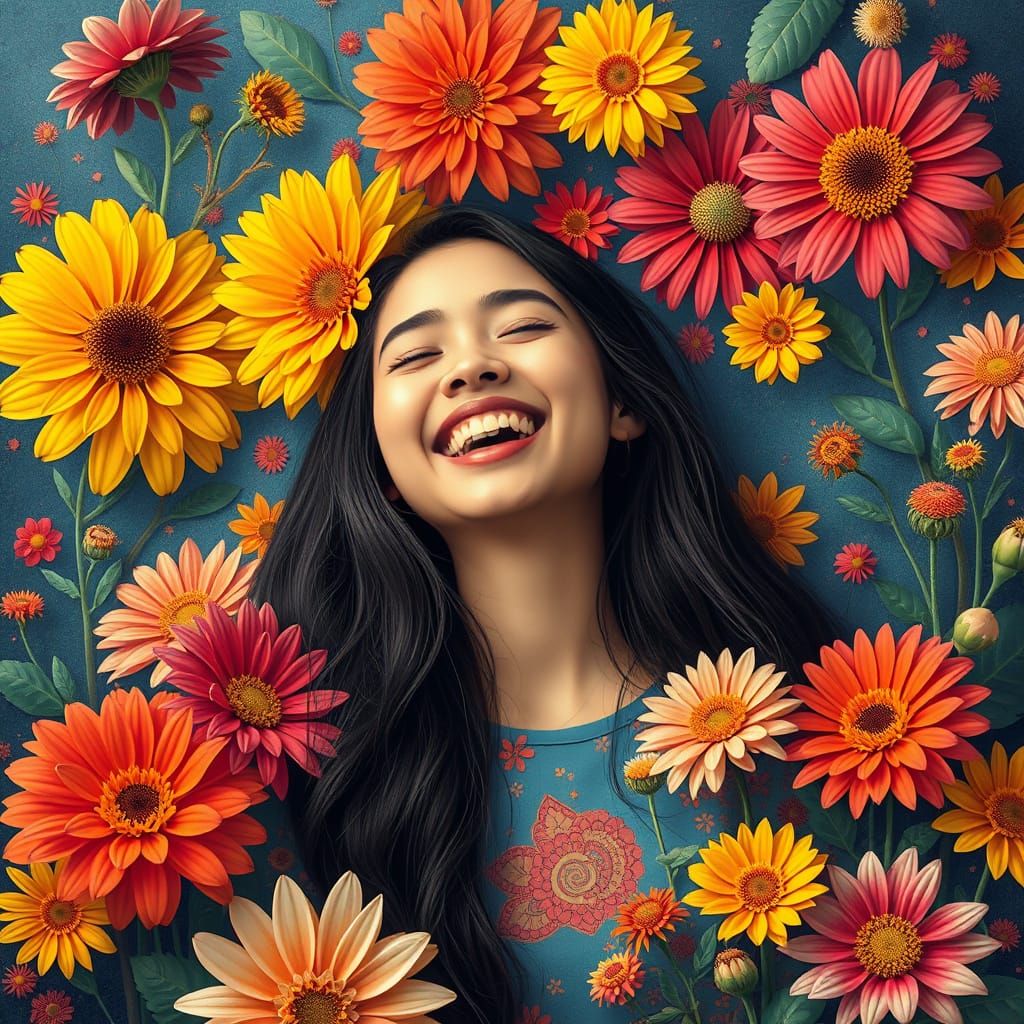 Joyful Woman Surrounded by Flowers in Dreamlike Style