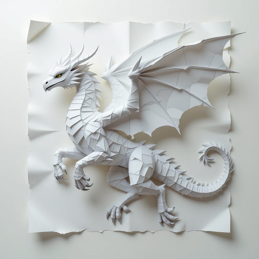 Dynamic Paper Sculpture of a Mythical Beast in Flight