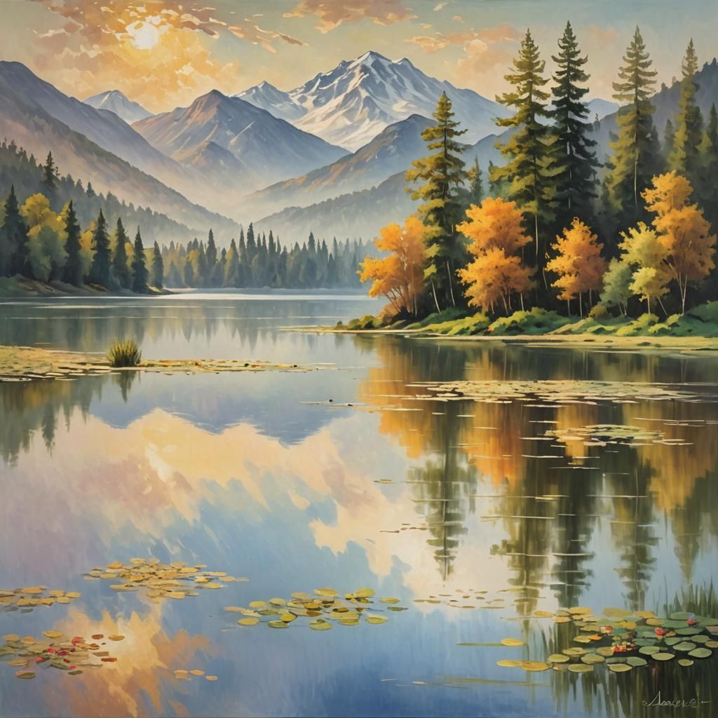 Impressionist Lake Landscape Oil Painting