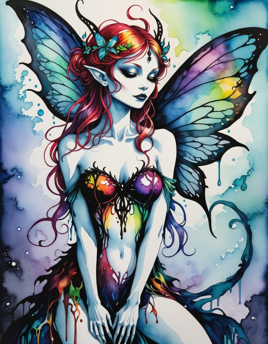 Monochromatic Fairy Silhouette in Watercolor and Ink