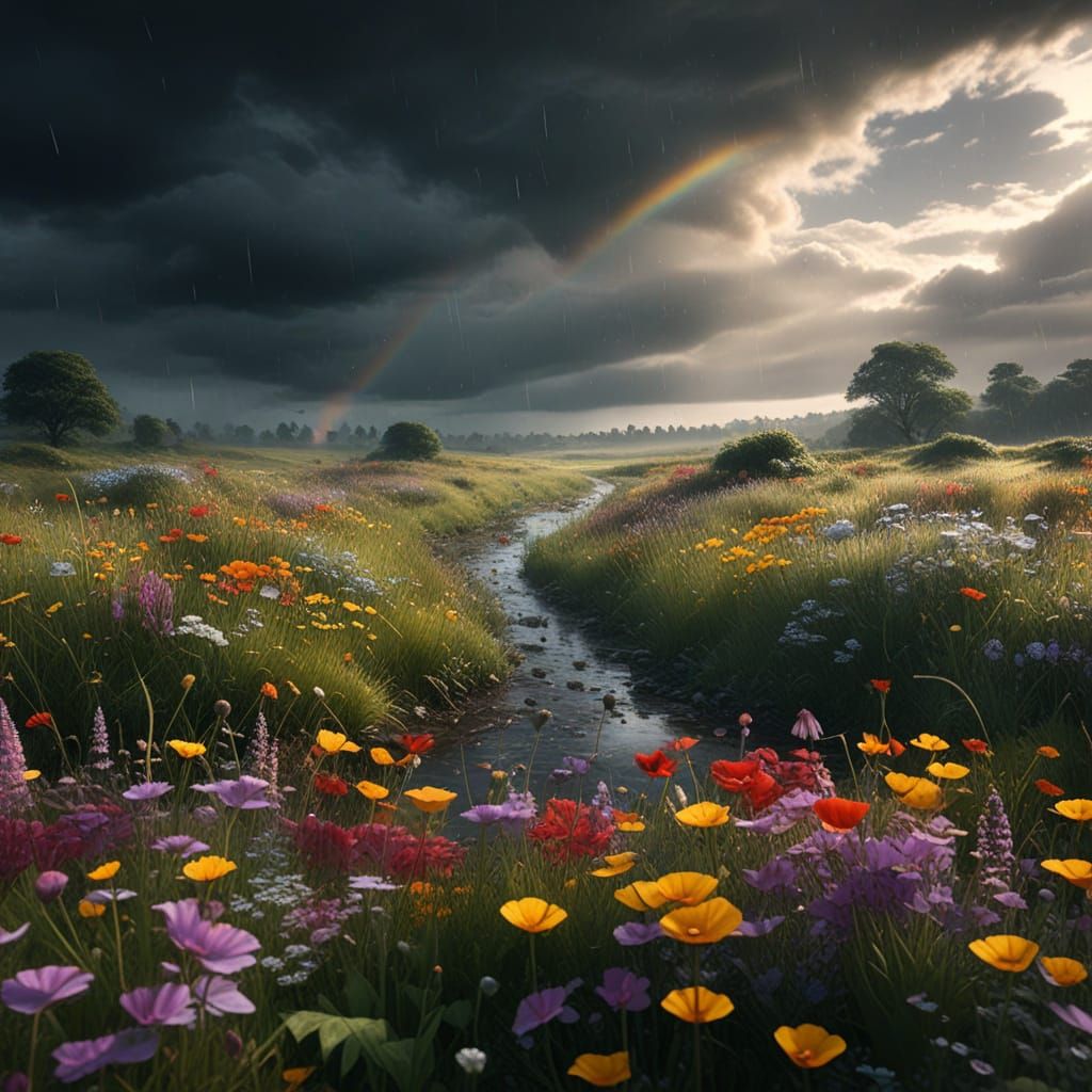 Wildflower Field in Summer Rain: Hyperrealistic Oil Painting