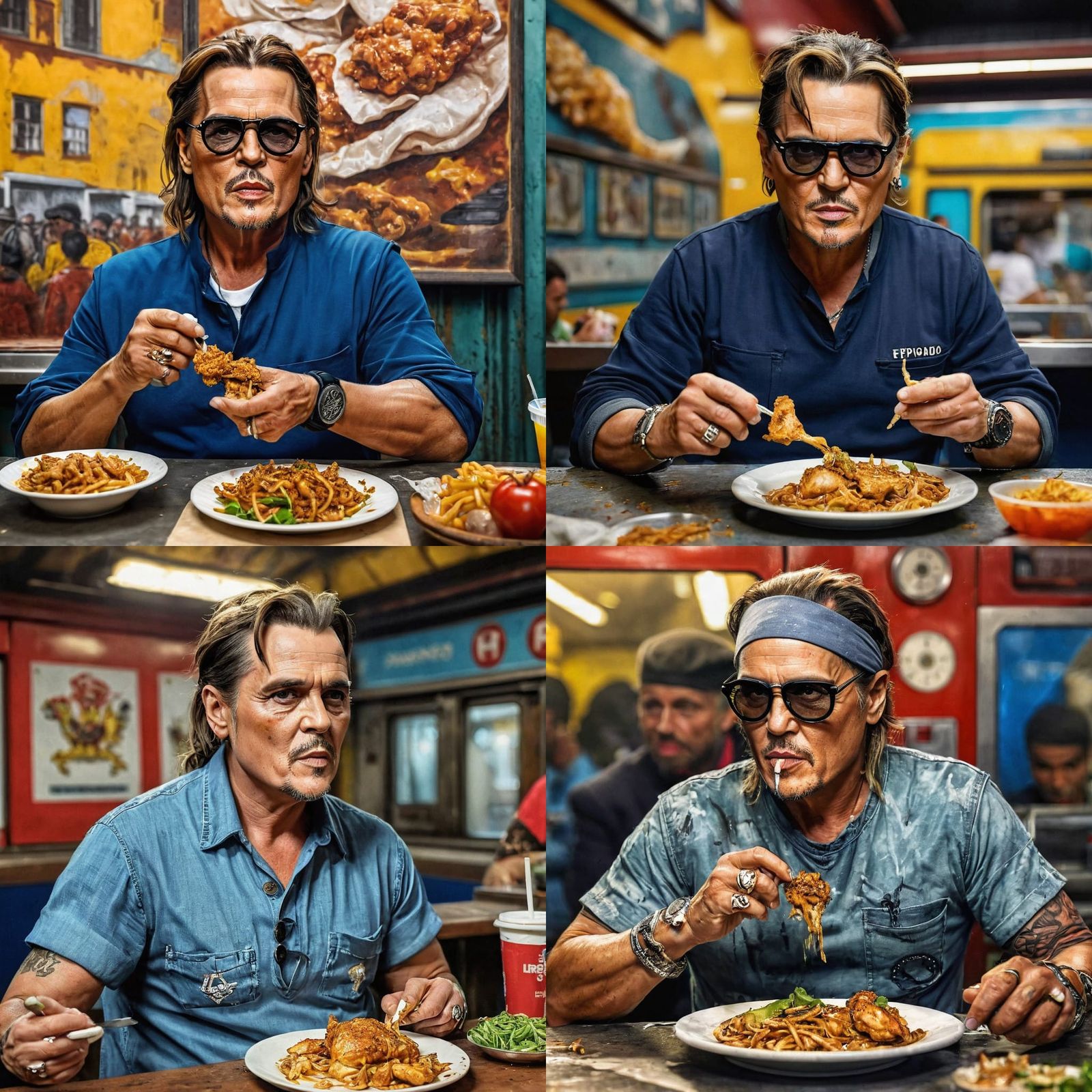 Johnny Depp eating chicken at a public station