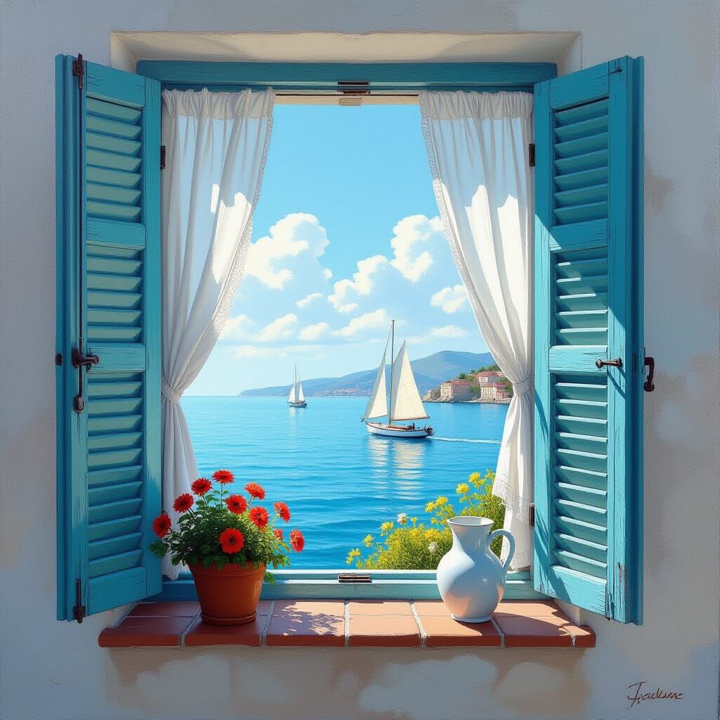 Seascape View Through Open Window in Realist Style