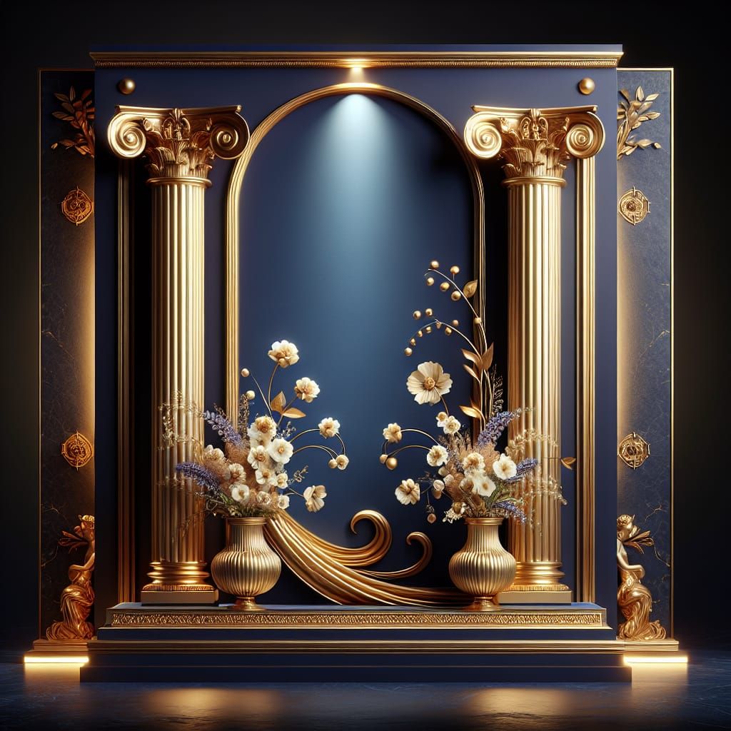 Elegant Golden Frame with Corinthian Columns and Blue Backgr...