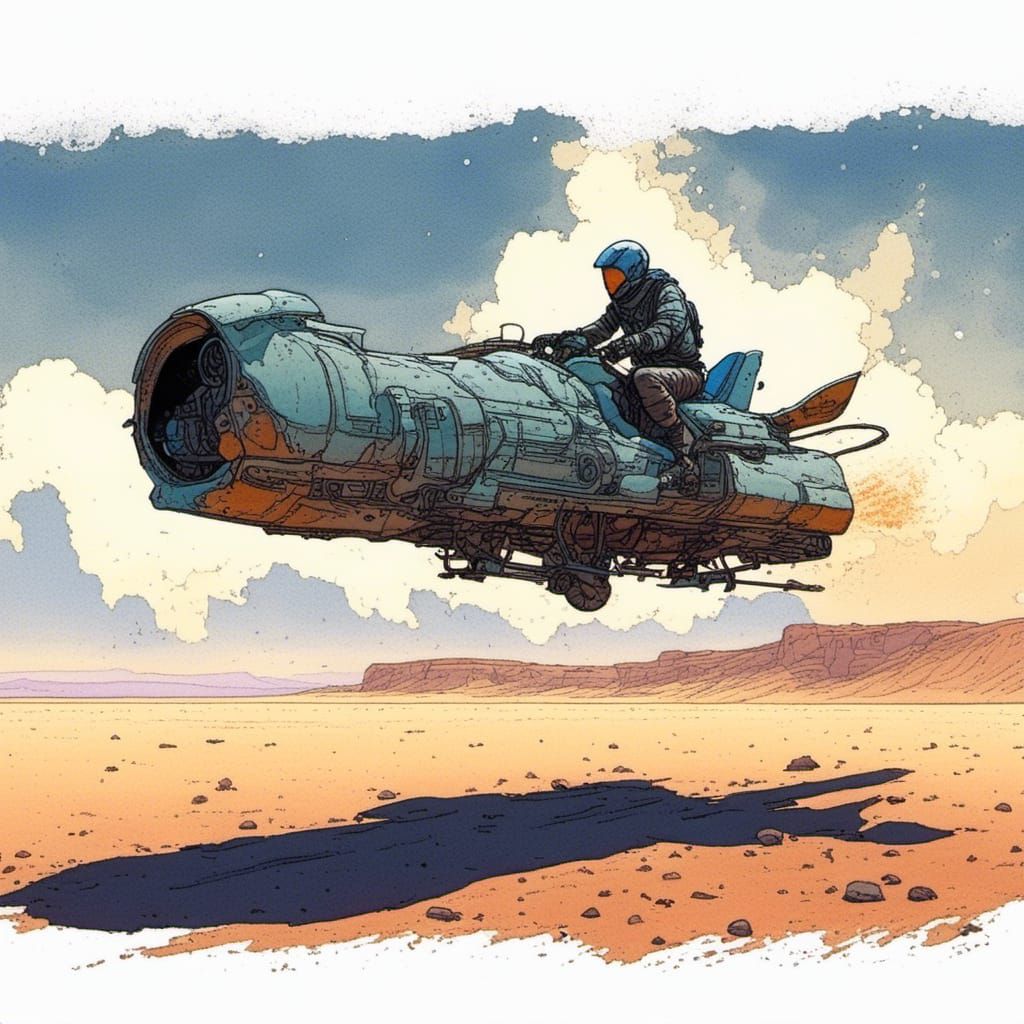 Futuristic Hoverbike in Desert, Moebius Style