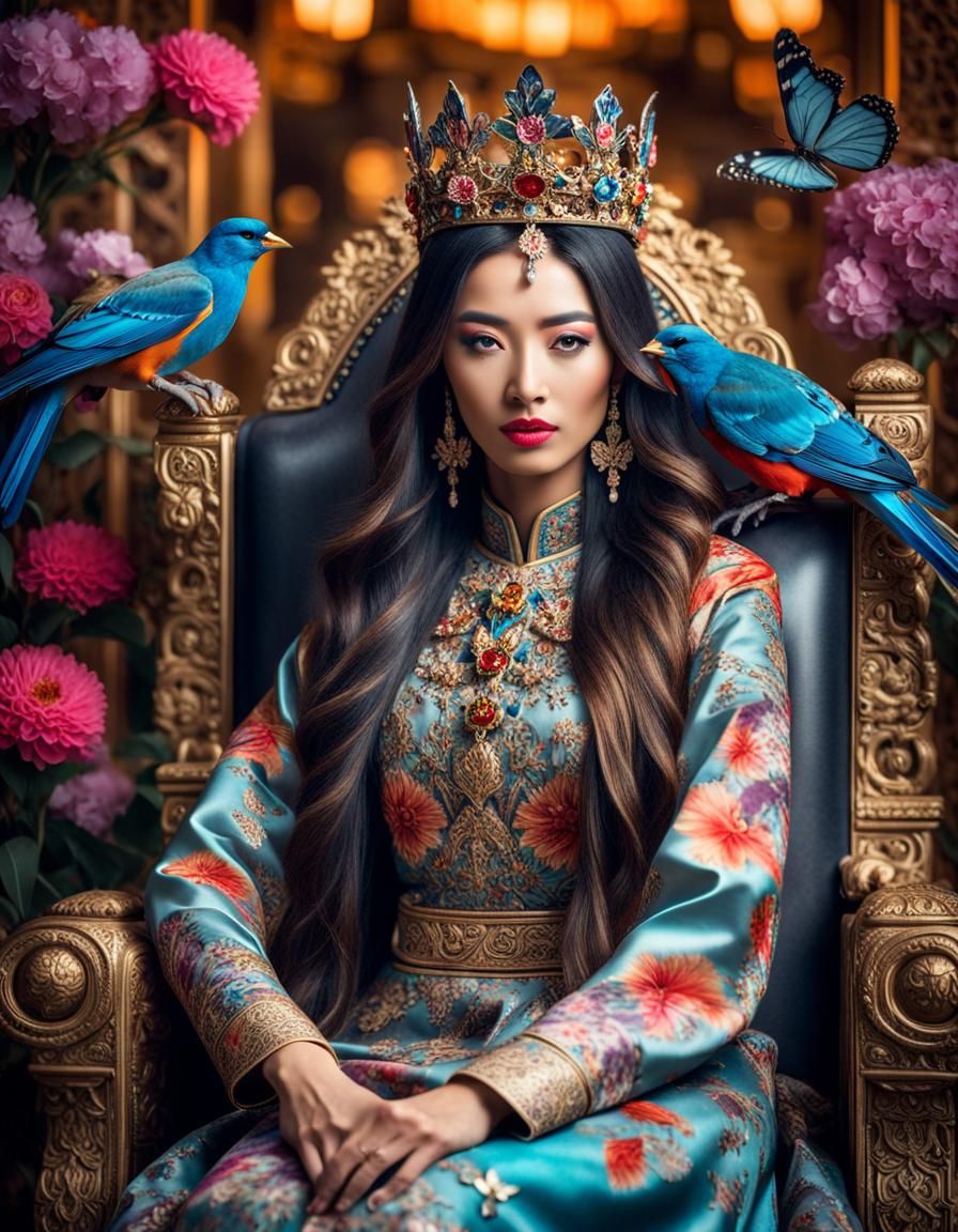 Oriental Woman on Throne with Birds and Flowers