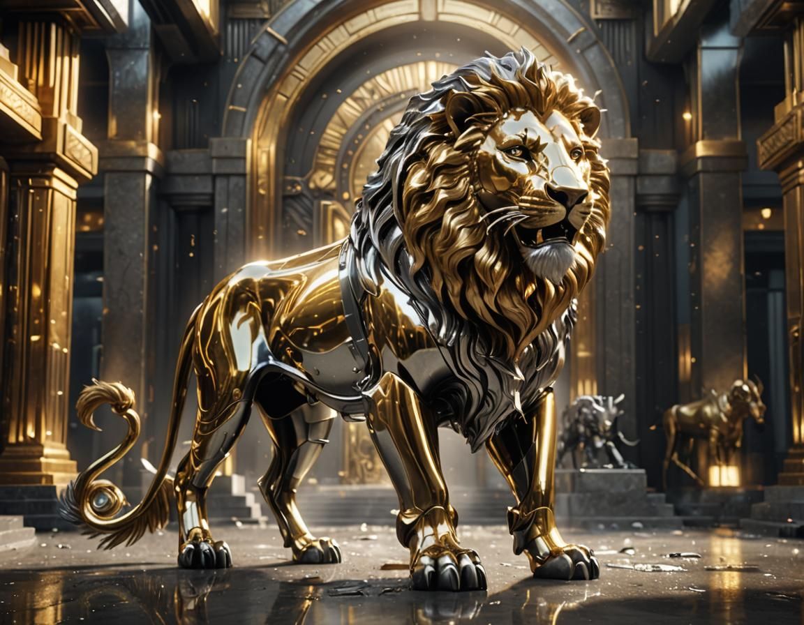 Majestic Gold Lion with Silver Prey in Art Deco