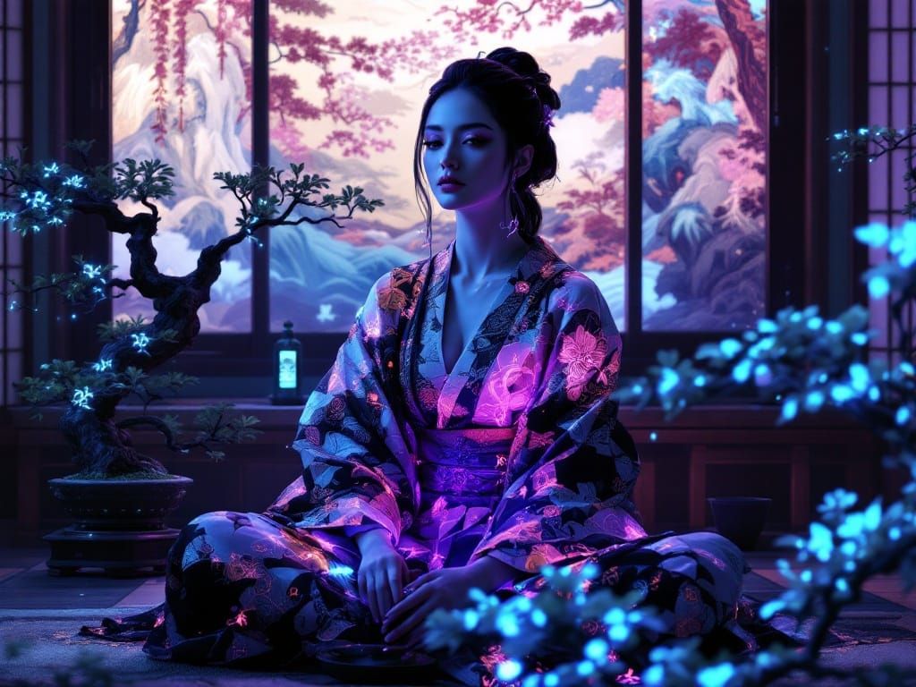 Cyberpunk Geisha in Tranquil Neon Tea House