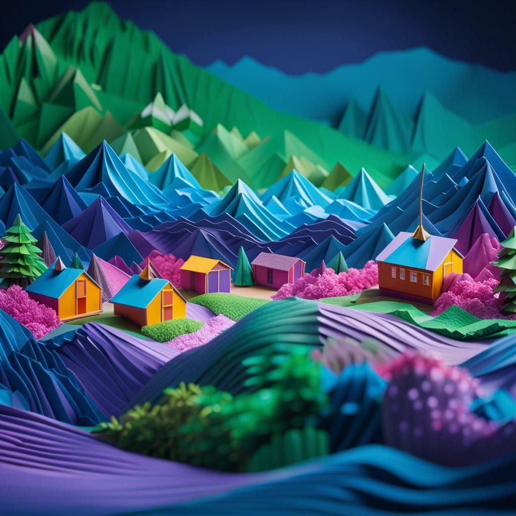 Vibrant Origami Landscape Panorama in Papercraft Style