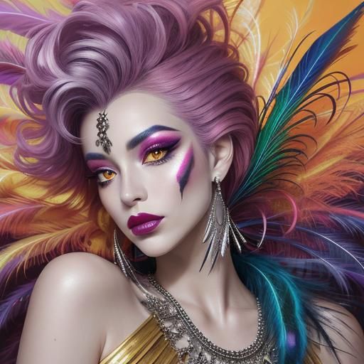 Abstract Portrait: Woman with Peacock Feathers Hair