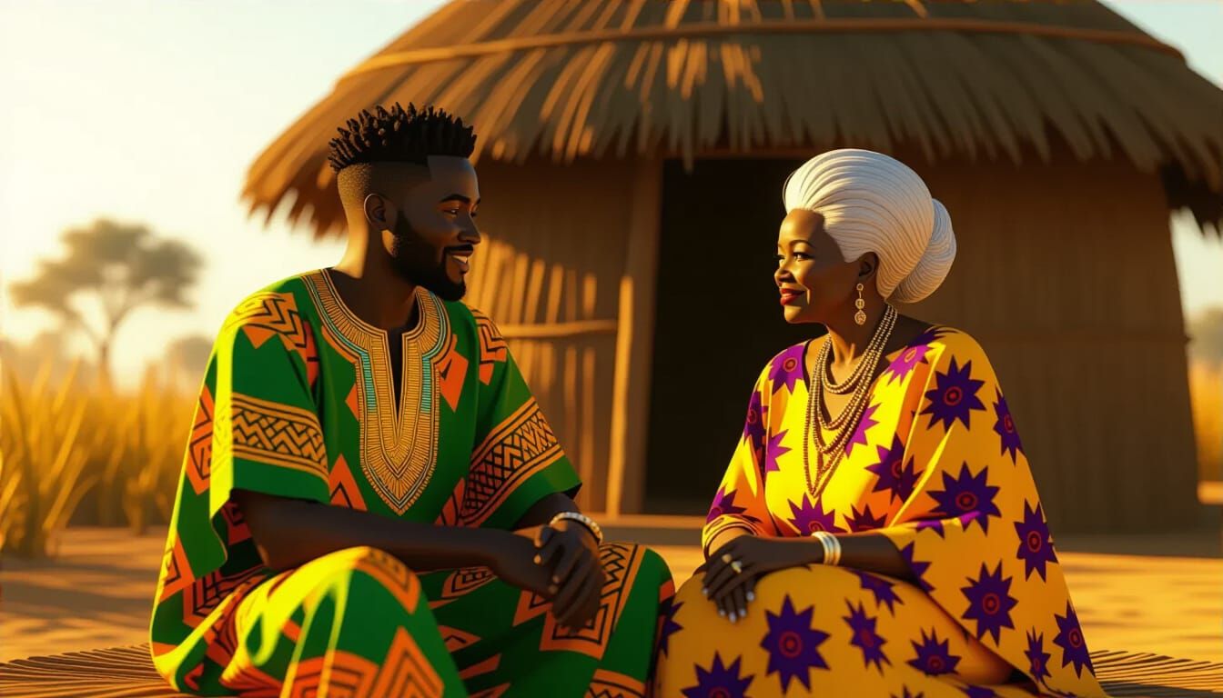 African Man and Woman Chatting Outside Hut in Golden Hour