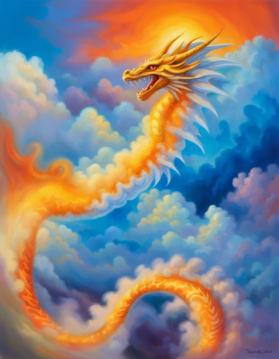 Cloud Dragon Breathing Fire in Ethereal Fantasy Style