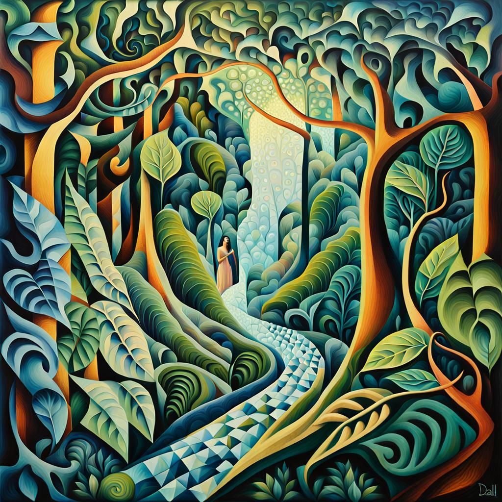 Surreal Cubist Figure Hidden in Jungle