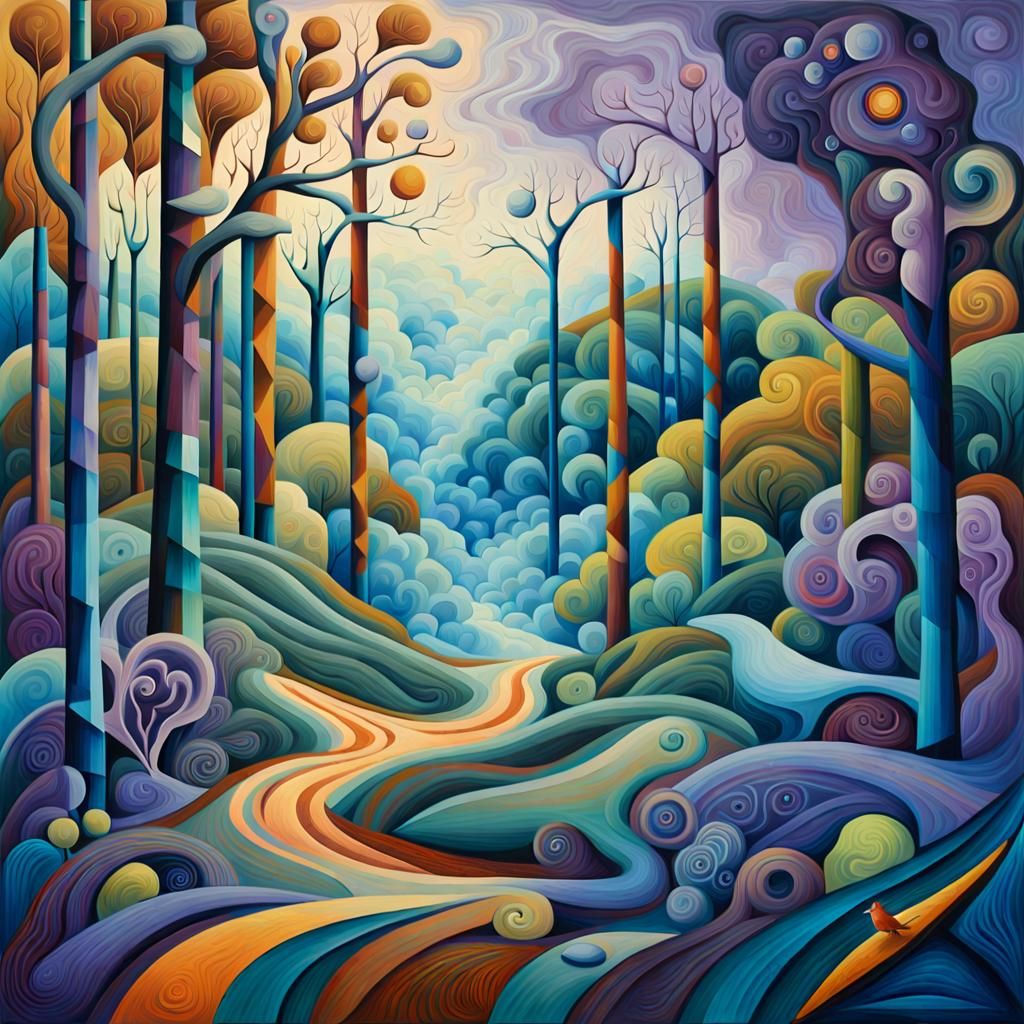 Mystical Being in Surreal Cubist Forest Painting