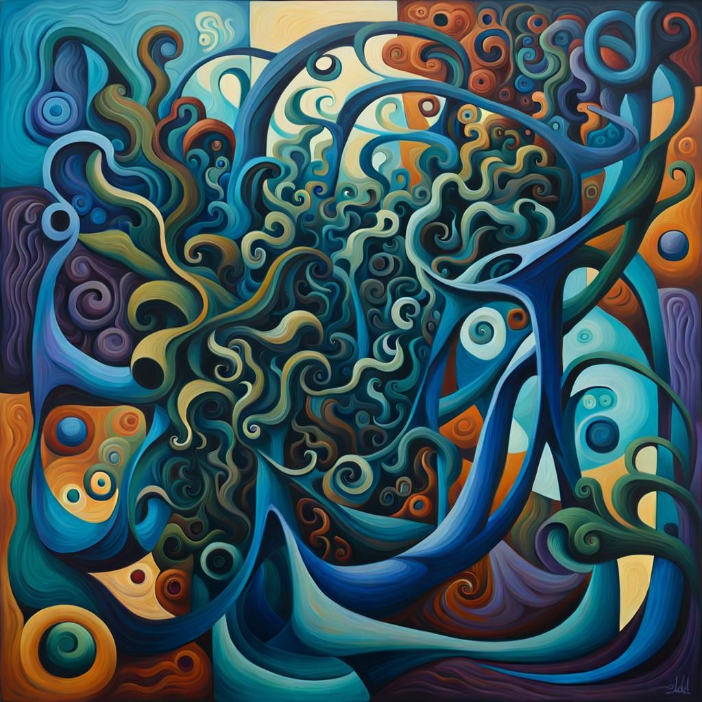 Surreal Cubist Painting with Flowing Lines