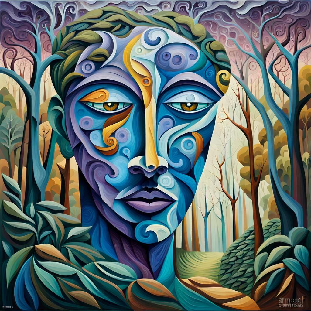 Mystical Forest Face in Surreal Cubism Style