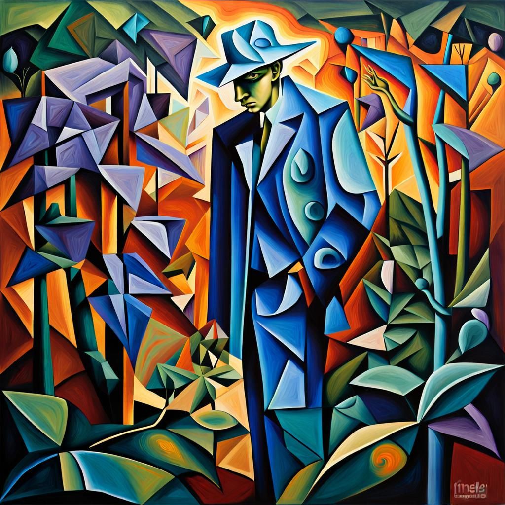 Cubist Figure Hiding in Flowing Lines: A Surreal Painting