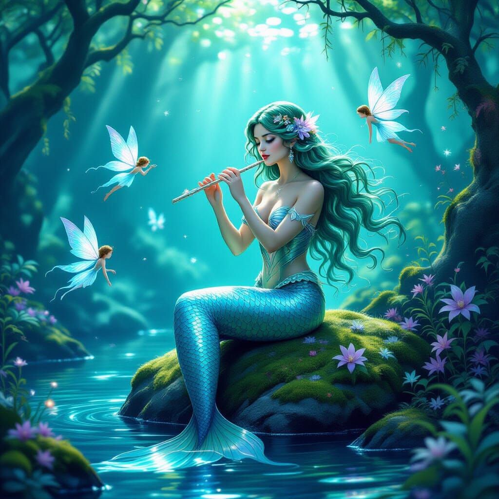 Mermaid Playing Conch Flute with Fairies in Underwater Fores...