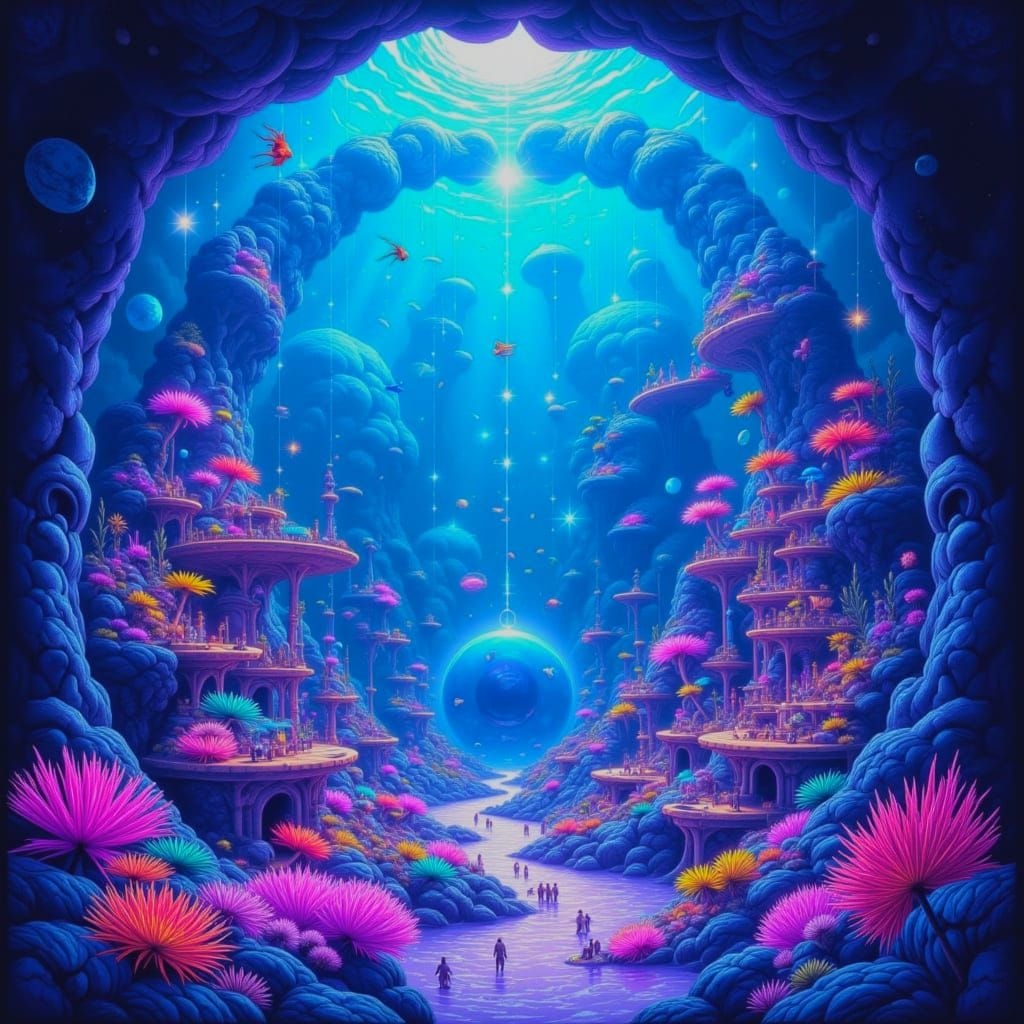 Vibrant Coral City Inside Geode, Bioluminescent Flora