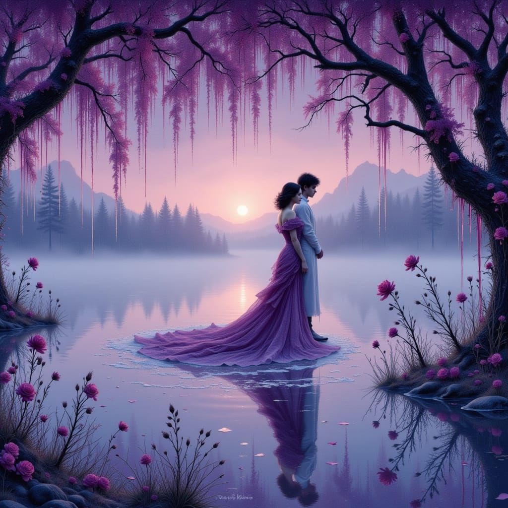 Frozen Lake Reflection: Art Nouveau Lovers in Dark Romantic ...