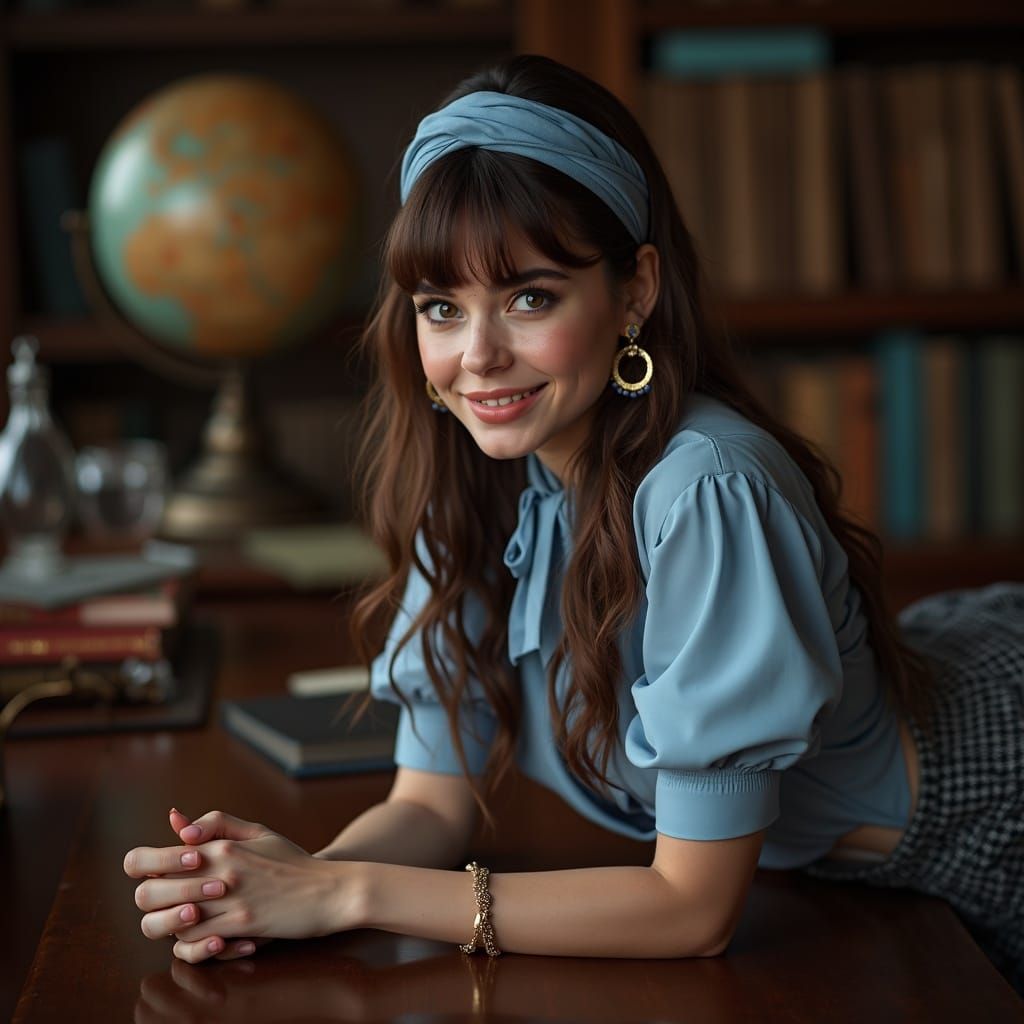 Confident Irish Woman in Blue in a Luxurious Study