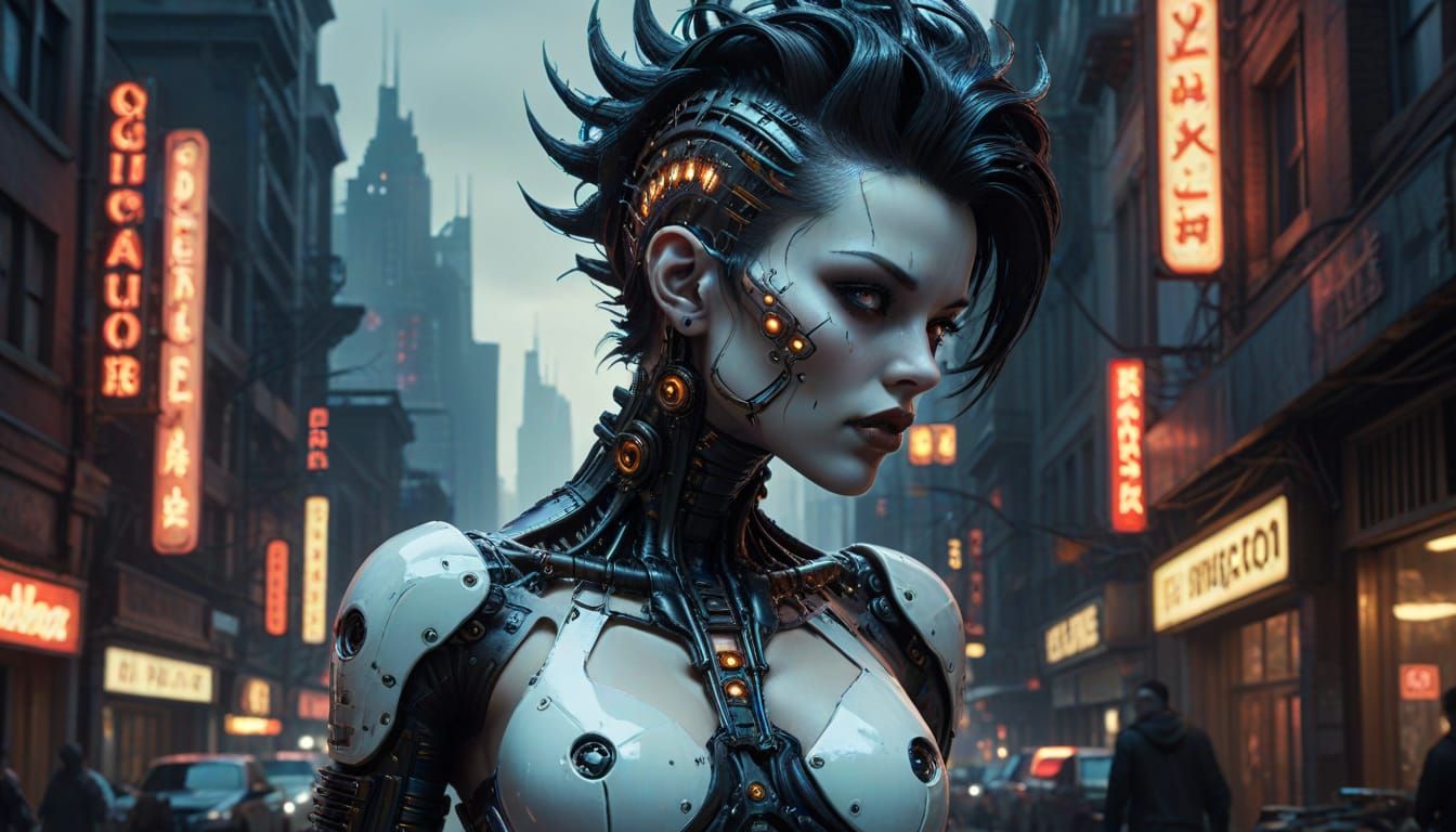 Gynoid in Cyberpunk City with Gothic Accents