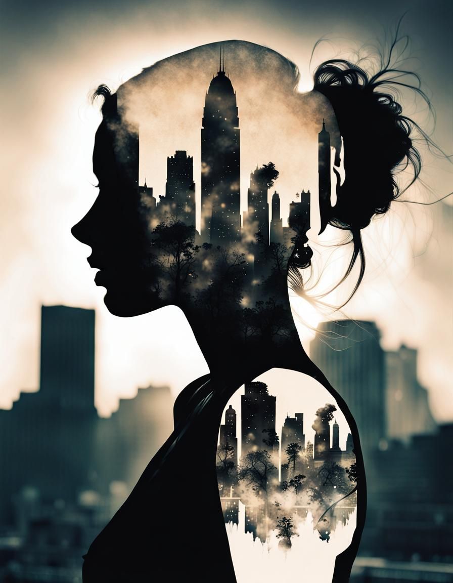 Monochromatic Double Exposure: Tattooed Woman in Cityscape