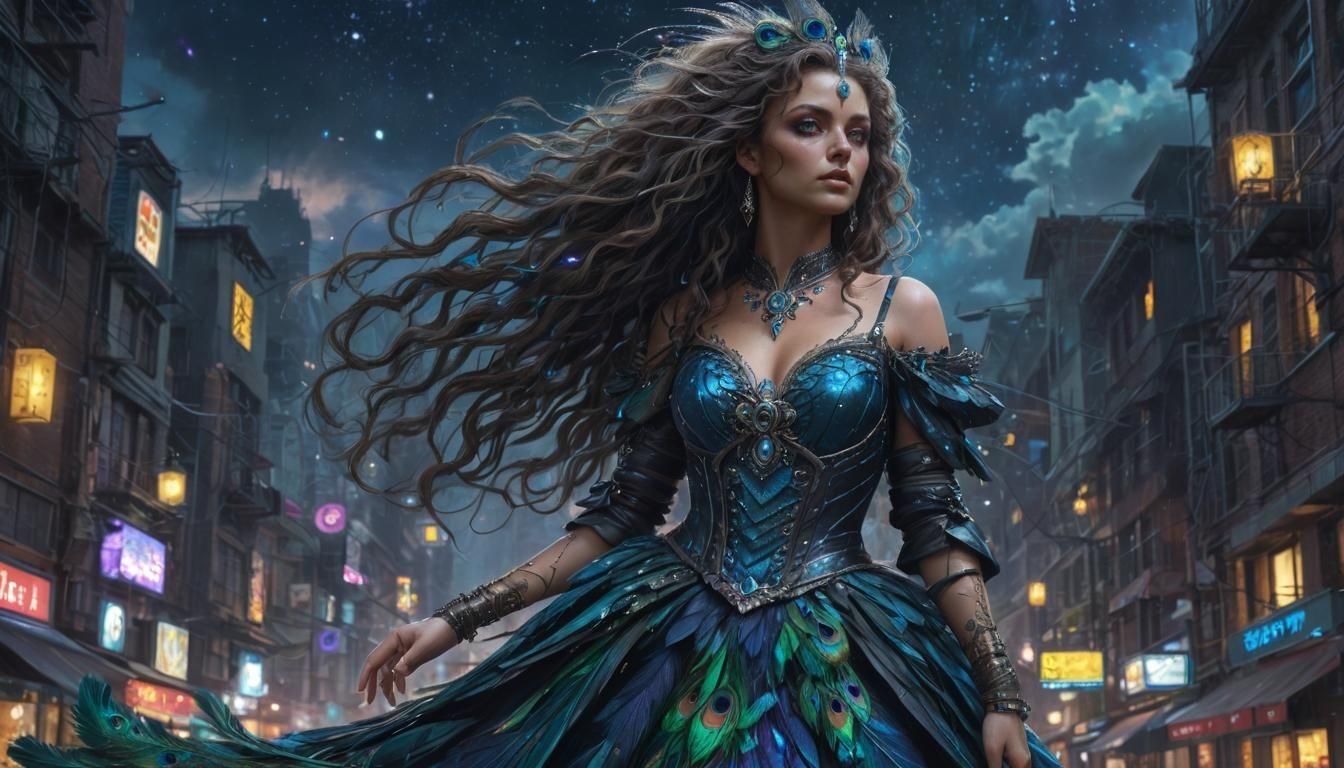Cyberpunk Peacock Sorceress in a Cityscape