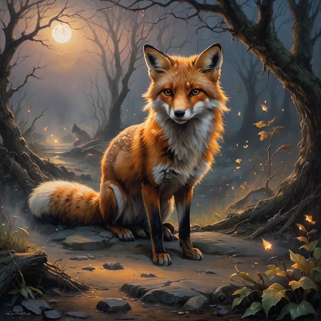 Fox in Misty Ruins: Kinkade-Inspired Oil Painting
