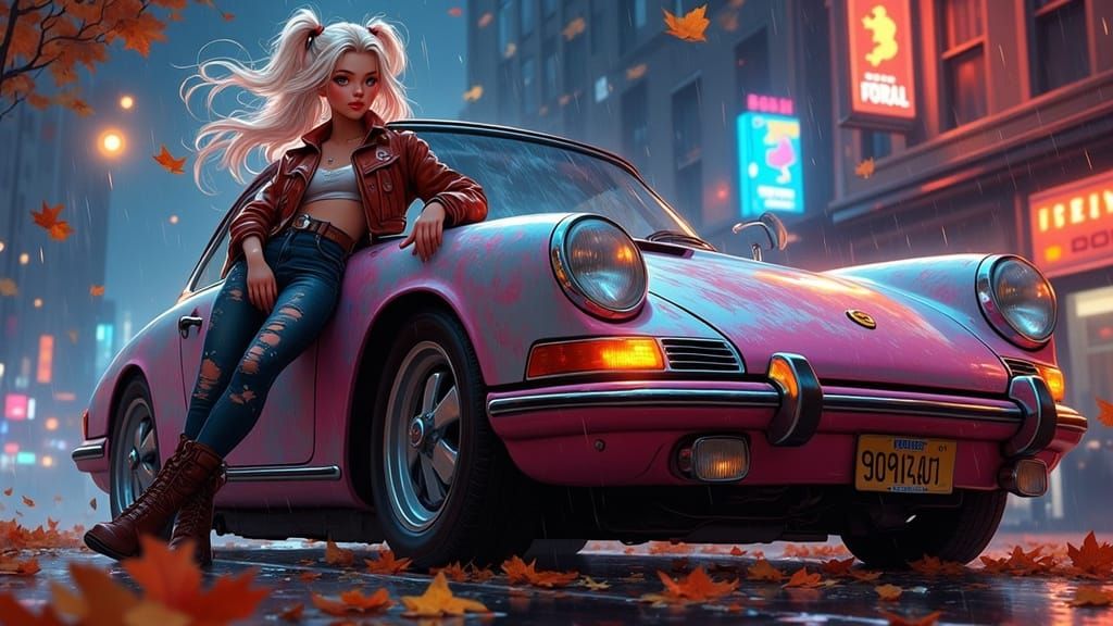 Harley Quinn Leaning on Vintage Porsche in Gotham