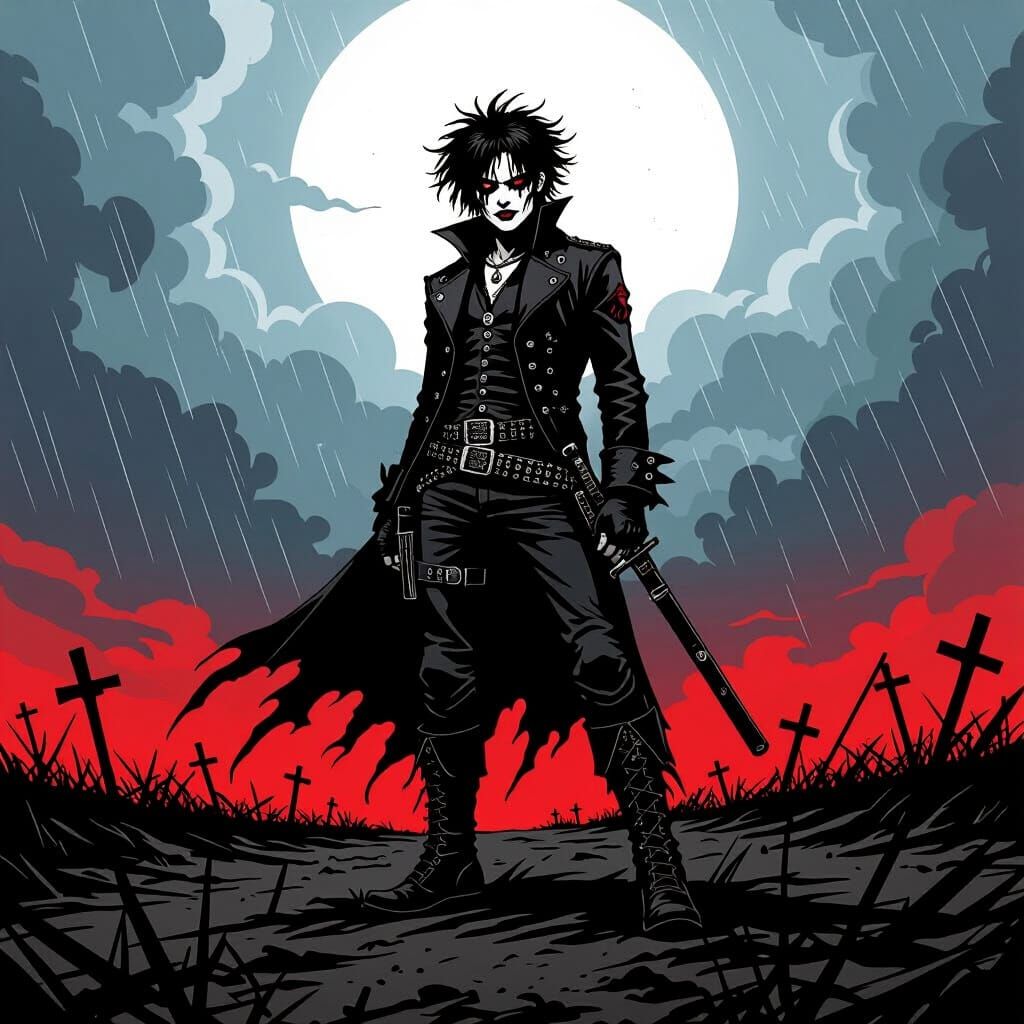 Gothic Emo Hero on Battlefield in Graphic Novel Style