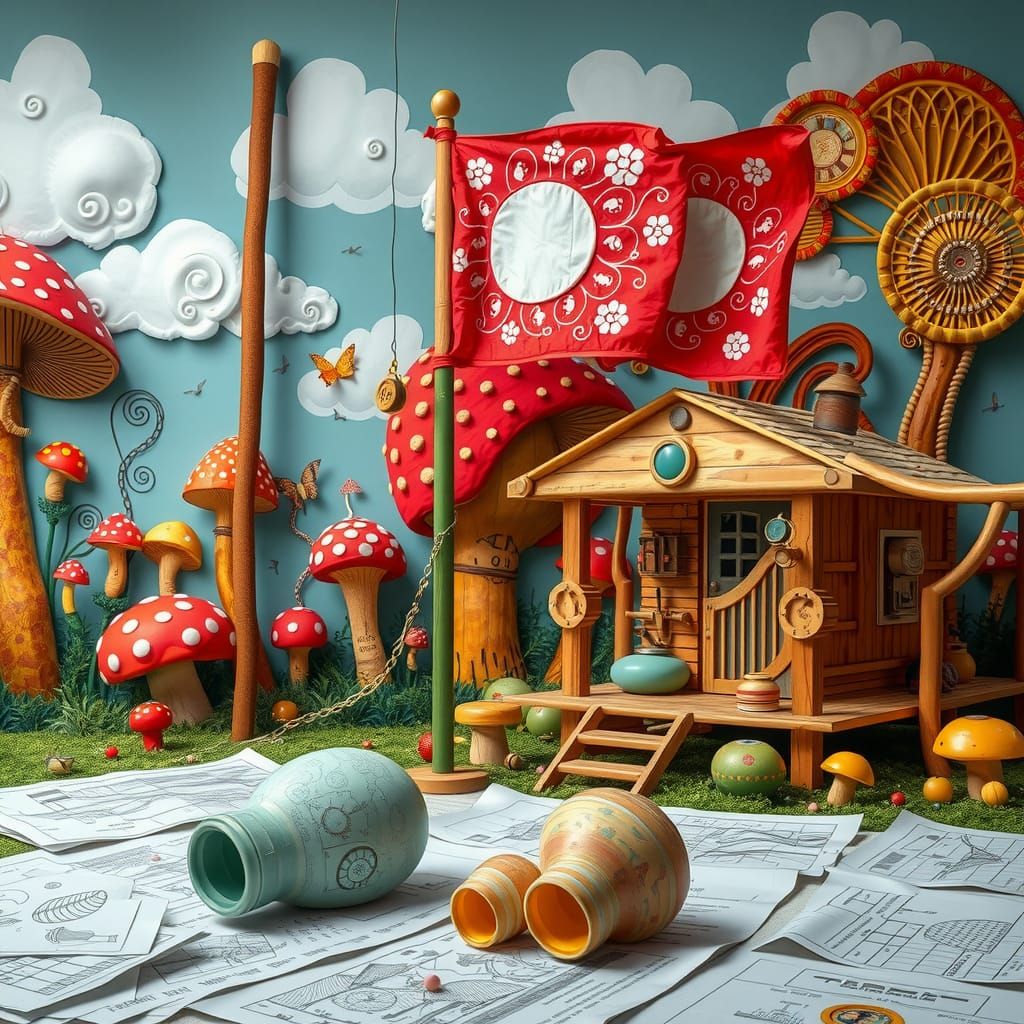 Vibrant Hyperreal Flag Unfurls Amidst Whimsical Mural Mushro...