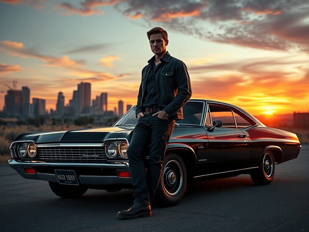 Ultra-stylized digital art of Dean Winchester leaning against his black 1967 Chevy Impala (from Supernatural) with a wes...