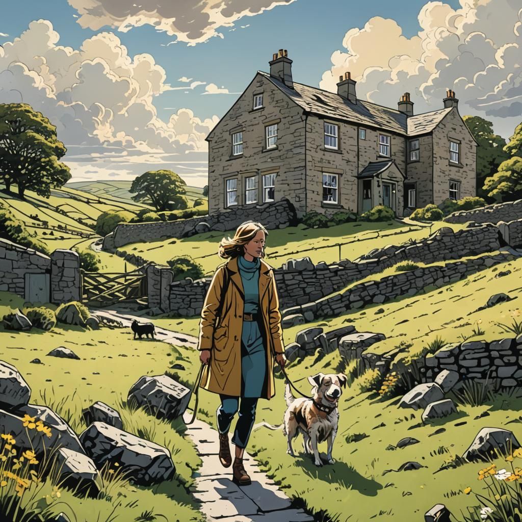 Yorkshire Dales House with Woman and Dog