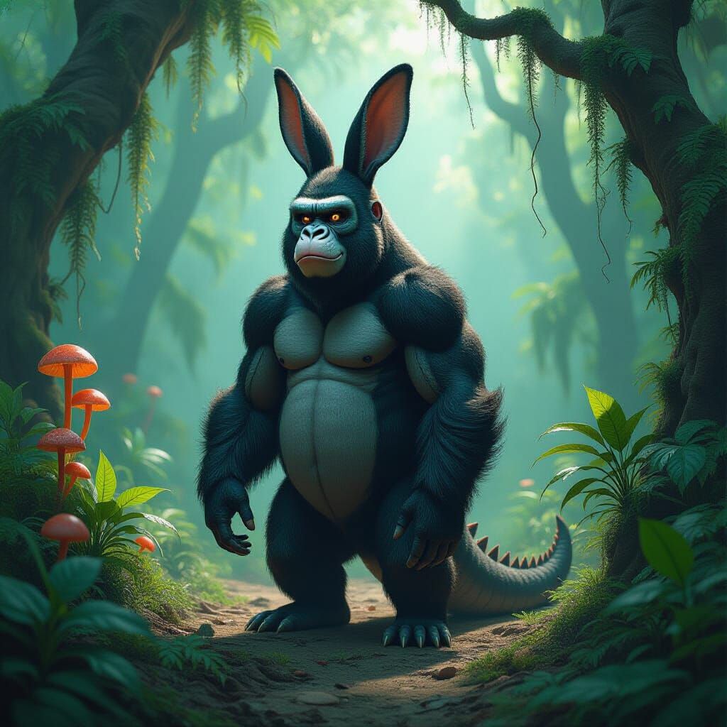 Bizarre Gorilla Hybrid in Surreal Jungle Clearing