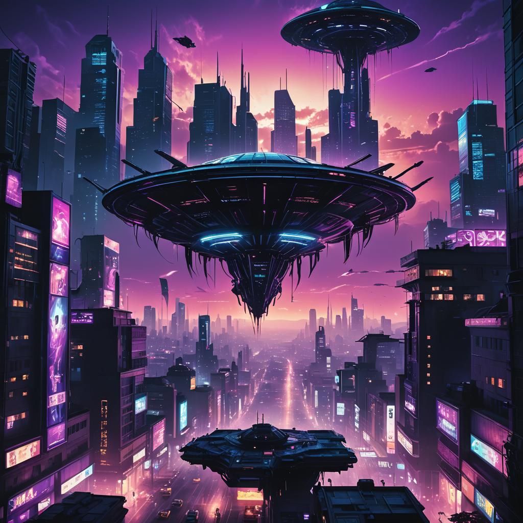 Cyberpunk Alien Invasion on Futuristic Cityscape