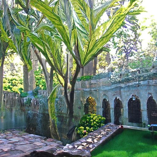 A courtyard, but the trees are growing out of the water.