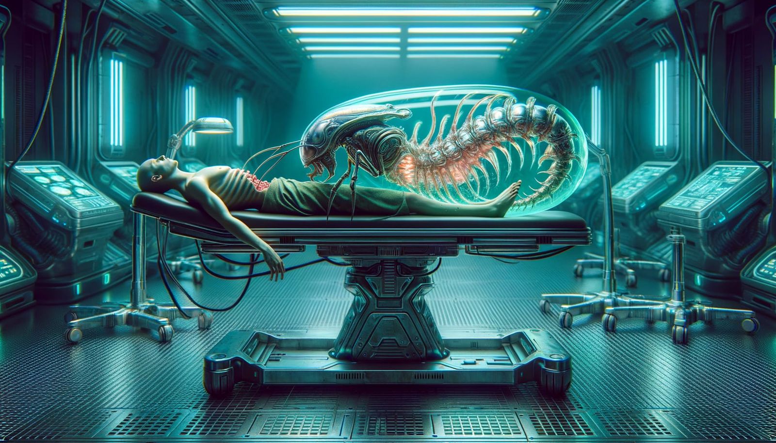 Eerie Sci-Fi Scene: Alien Parasite Emergence