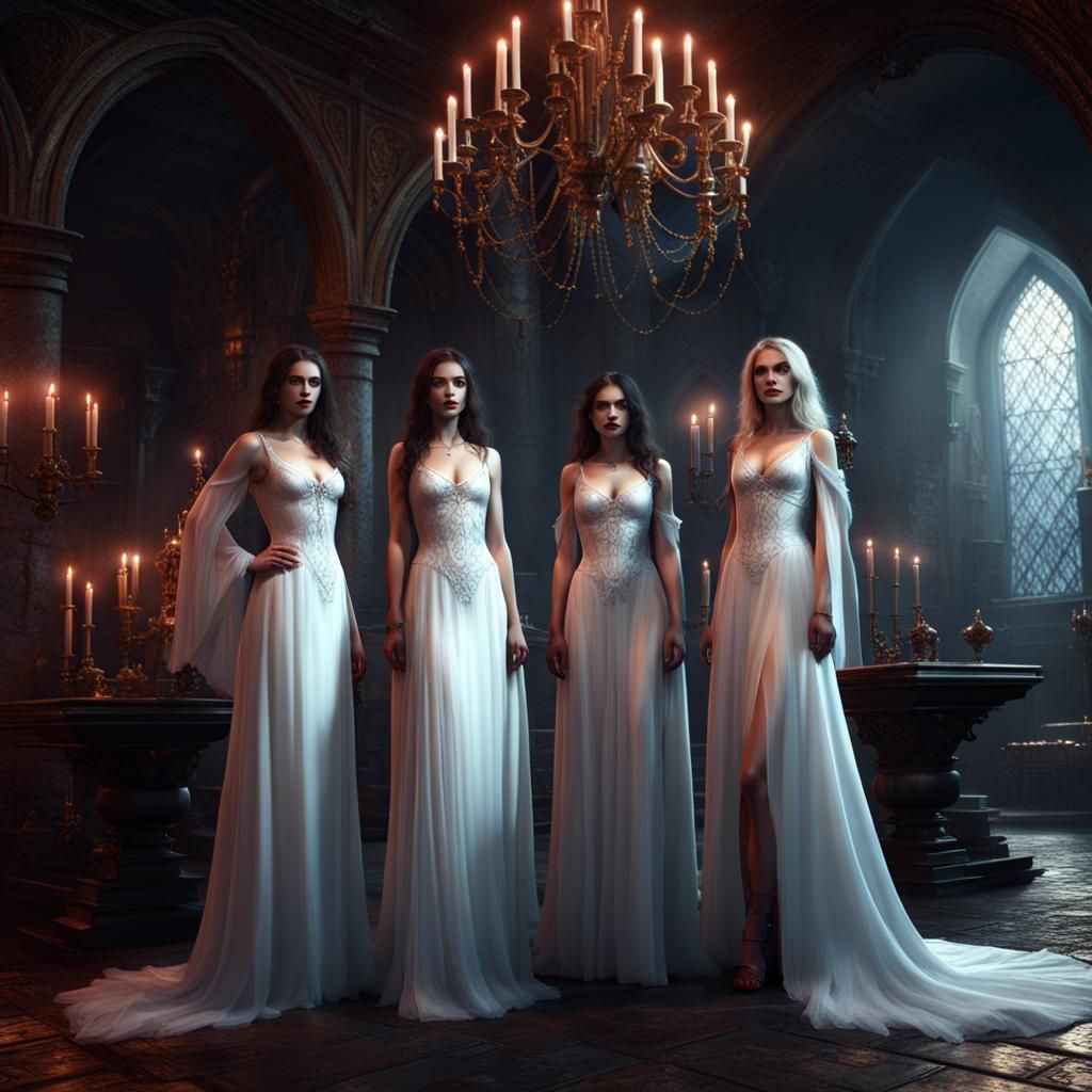 Vampire Women in Castle Interior: Fantasy Concept Art