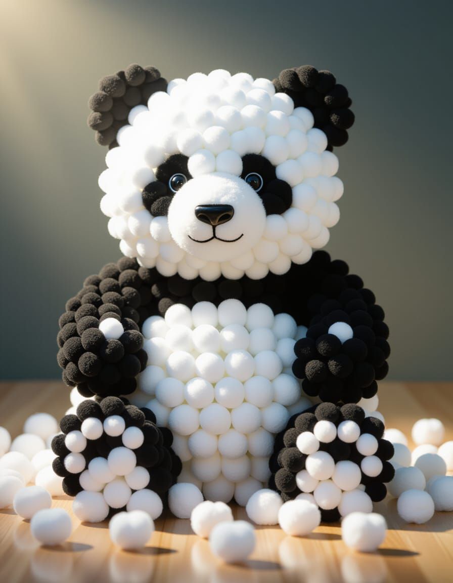 Intricate Cotton Wool Panda Sculpture
