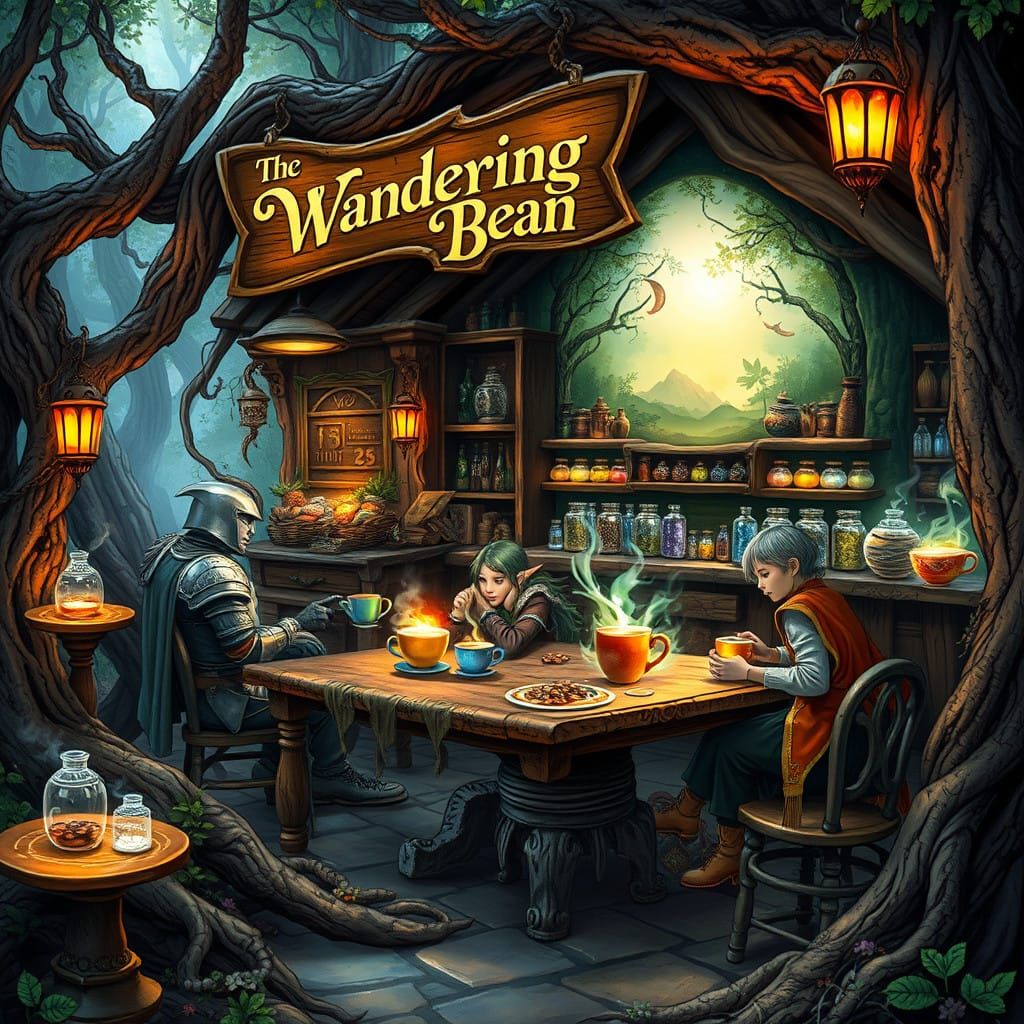 Whimsical Coffee Shop in a Mystical Forest