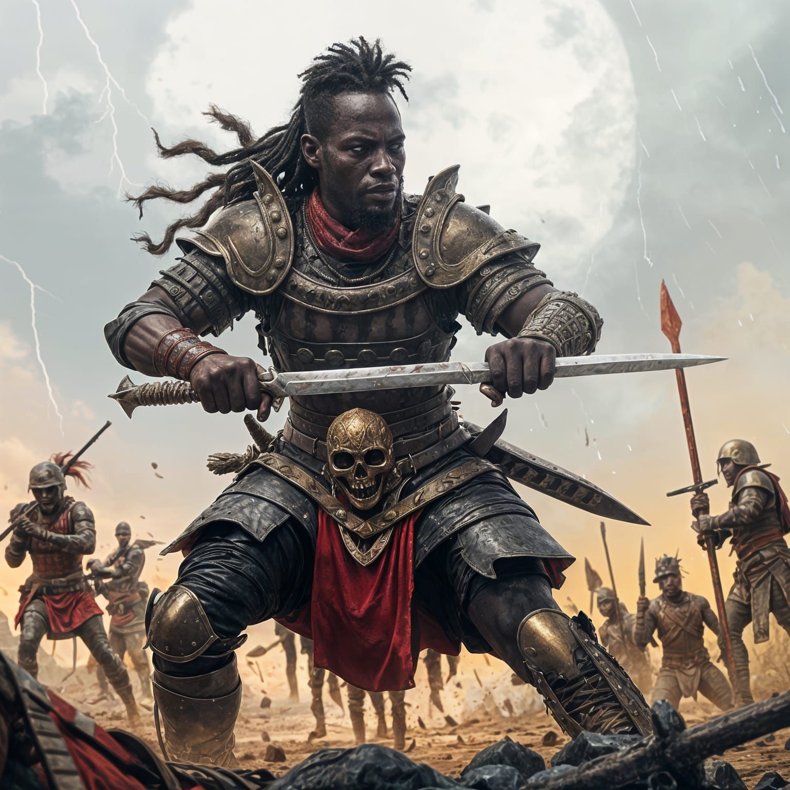 African Warlord in Battle Armor Amidst Chaotic Warfare