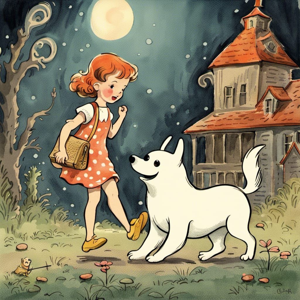 Cute Ghost Walks Dog: Vintage Watercolor Illustration