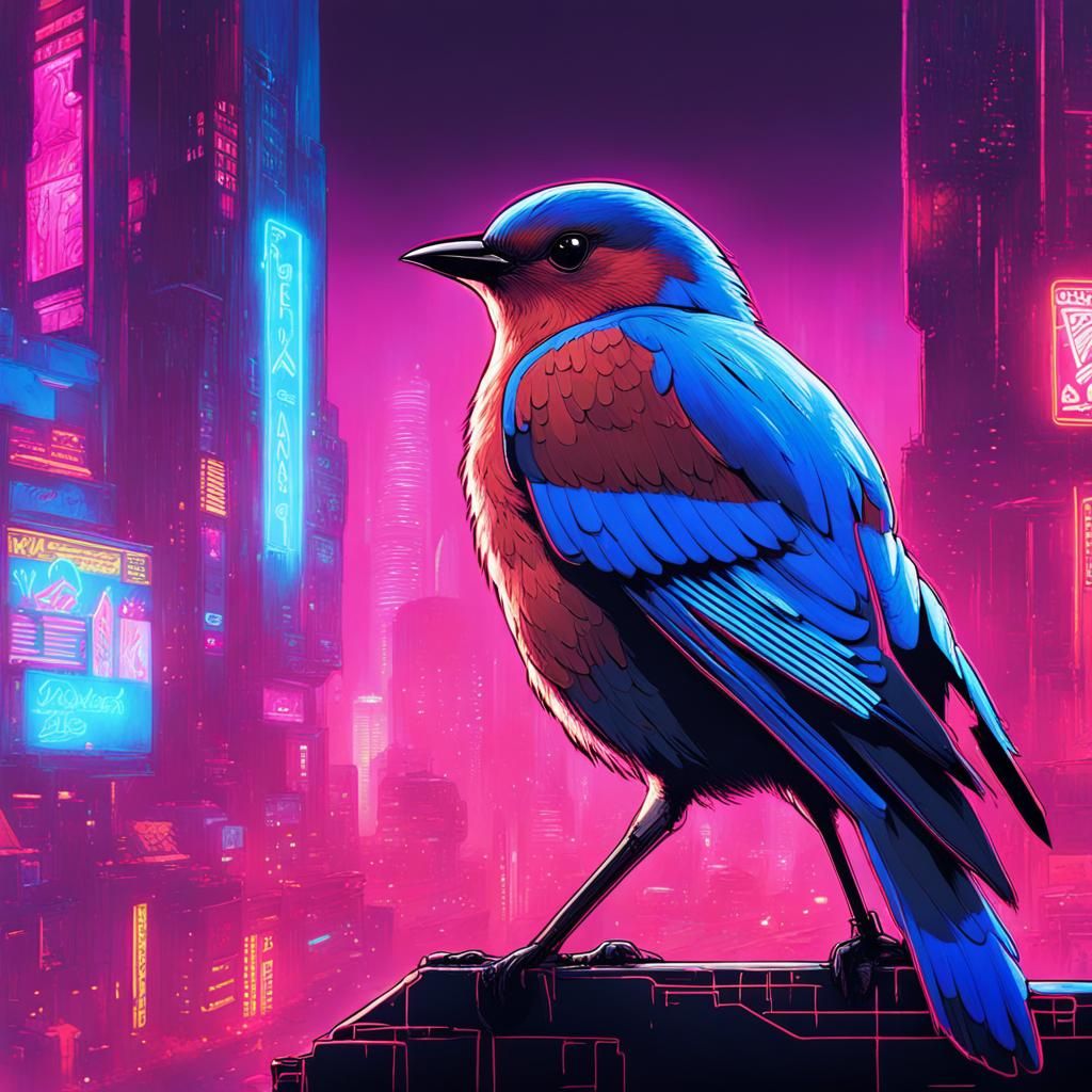 a cyberpunk-style artwork featuring an Eastern Bluebird in a neon-lit cityscape