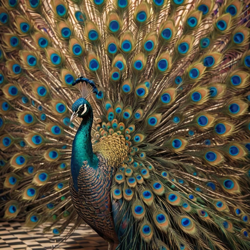 Surreal Peacock in Flowing Checkered Room