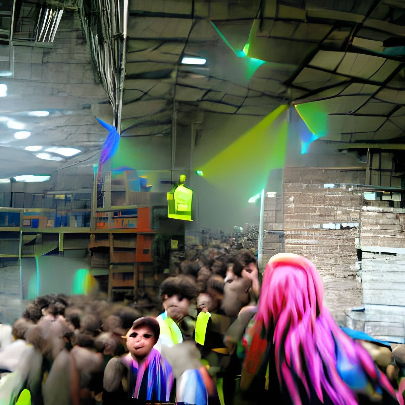 Warehouse Rave with Disco Lights and Crowd